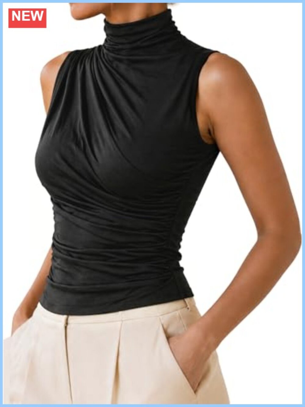 Mock Neck Sleeveless Ruched Tank Top Slim Fit Stretchy Viscose Blend